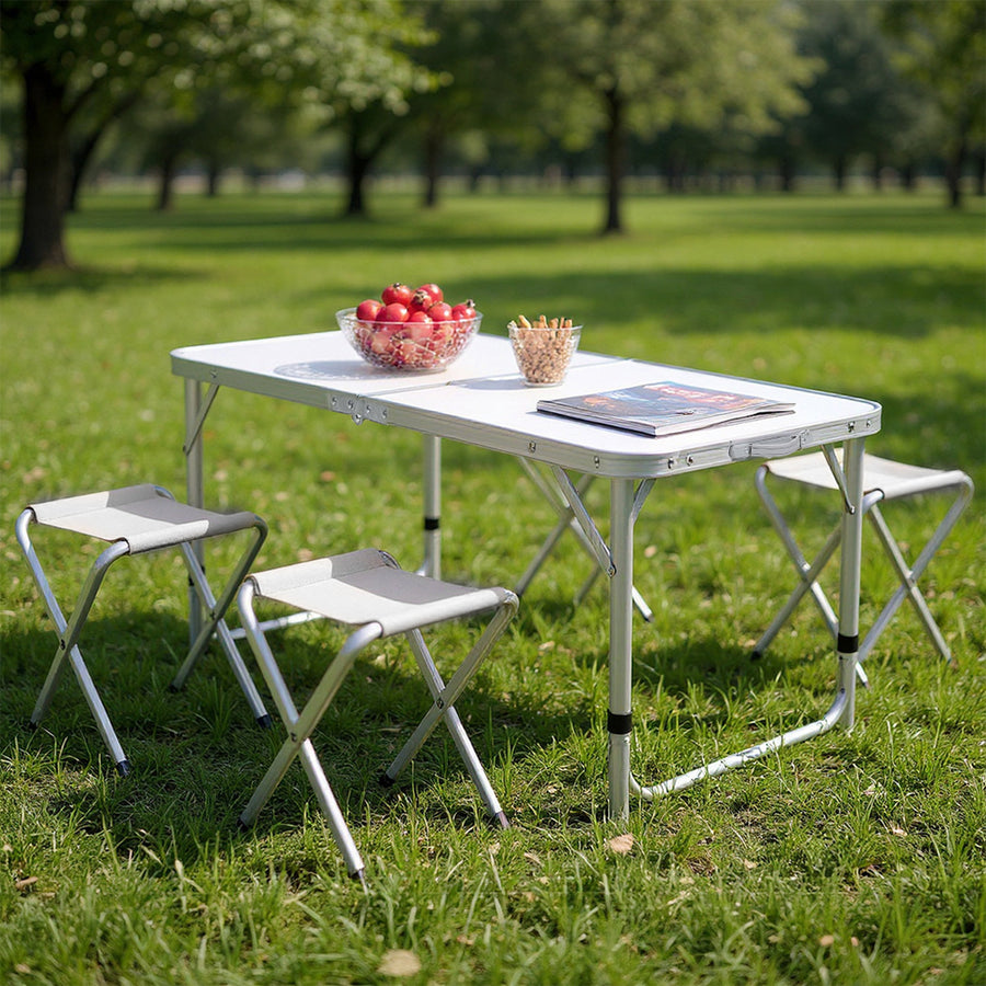 4 Seater White Folding Aluminium Camping Table With Stools