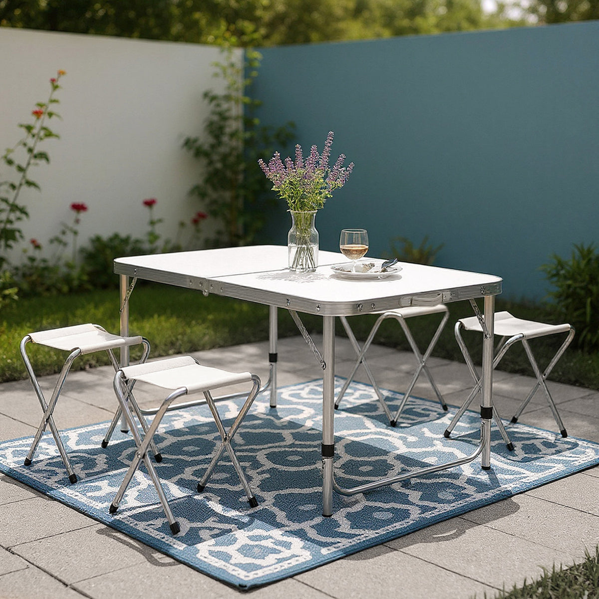 4 Seater White Folding Aluminium Camping Table With Stools