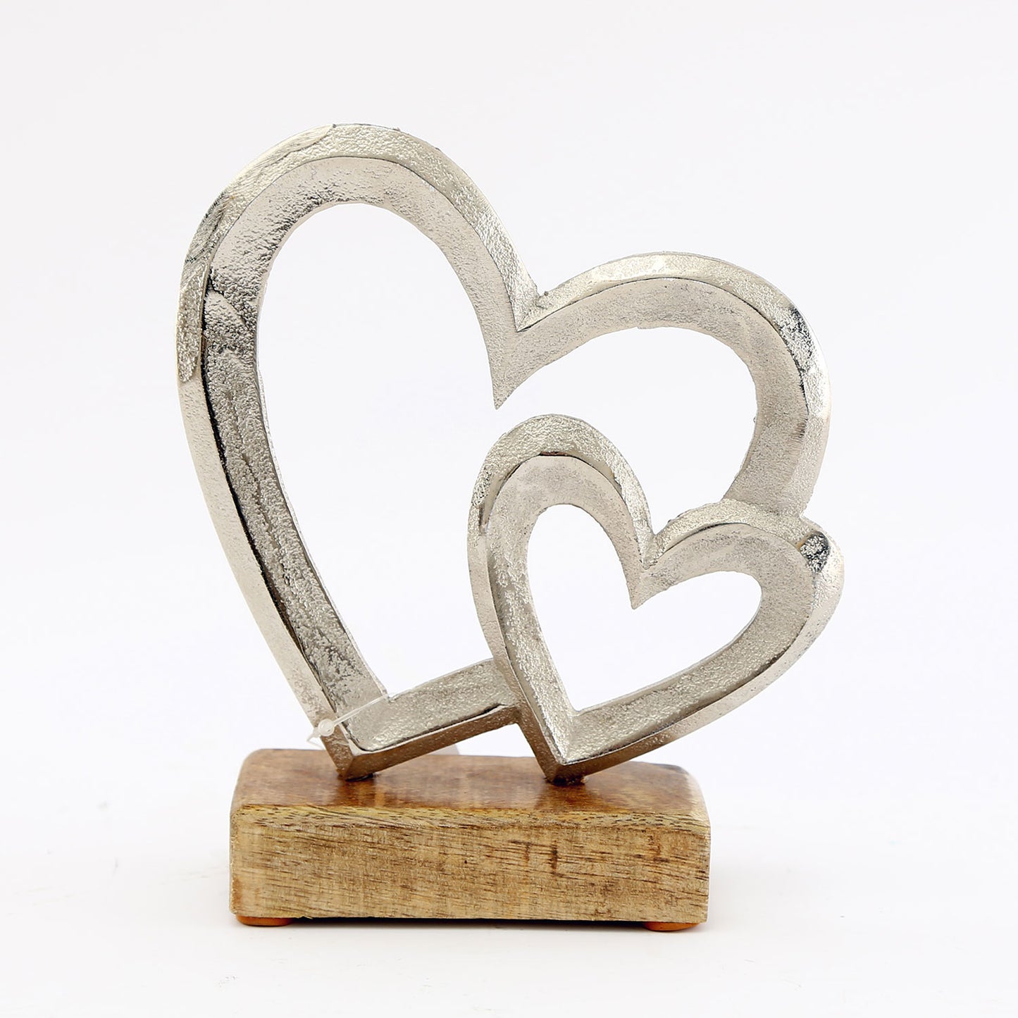 Two Aluminium Hearts Ornament On Mango Wood Base