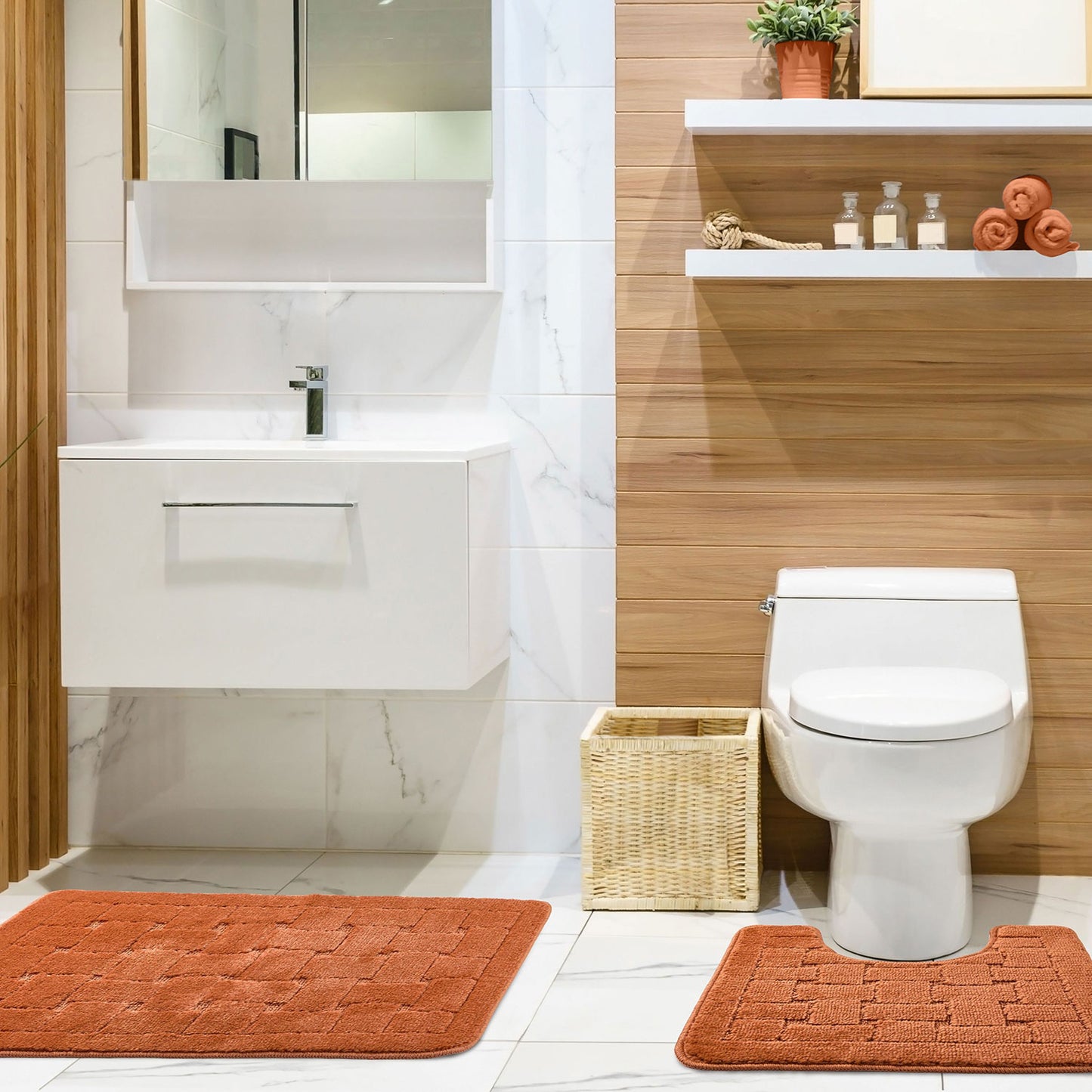 Orkney Burnt Orange Crosshatch 2 Piece Bath Mat Set