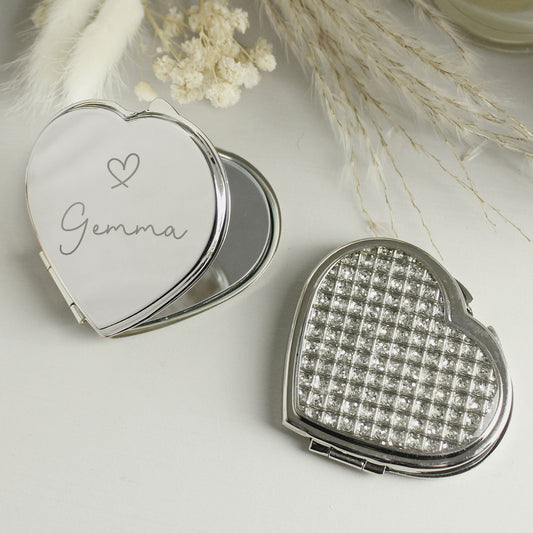 Personalised Diamante Heart Compact Mirror