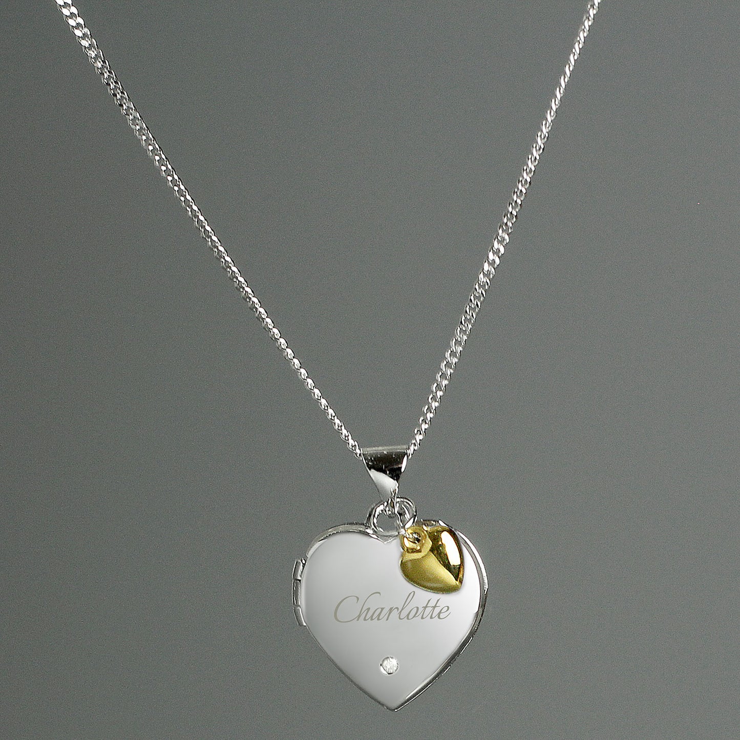 Personalised Heart Locket Necklace With Diamond & Gold Plated Charm