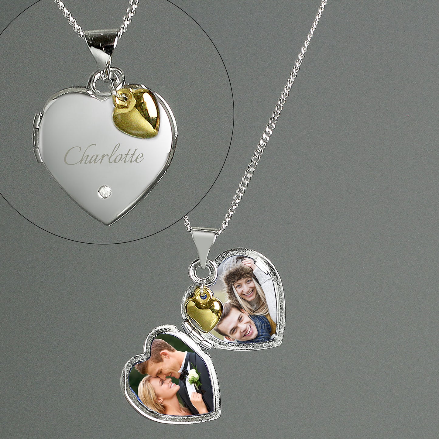 Personalised Heart Locket Necklace With Diamond & Gold Plated Charm