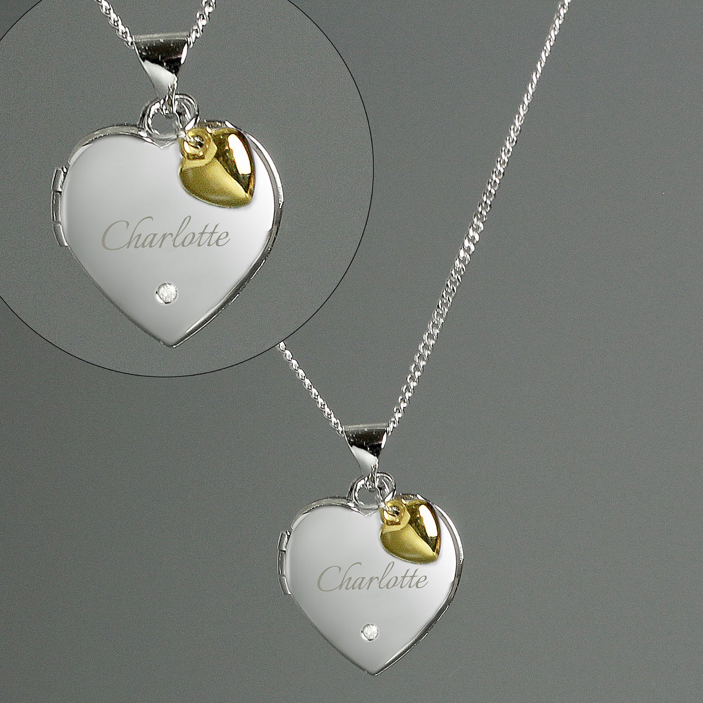 Personalised Heart Locket Necklace With Diamond & Gold Plated Charm