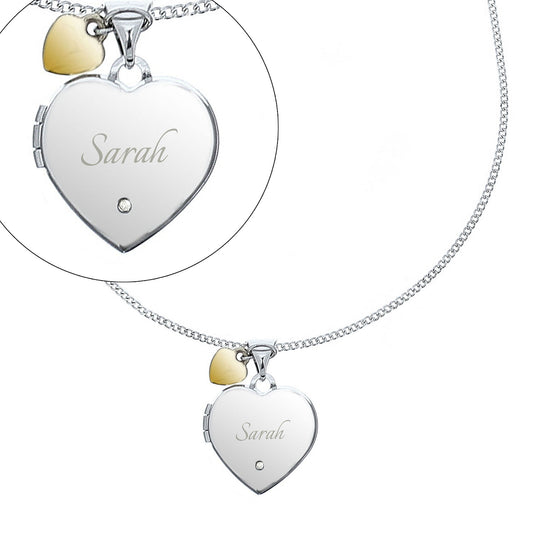 Personalised Heart Locket Necklace With Diamond & Gold Plated Charm