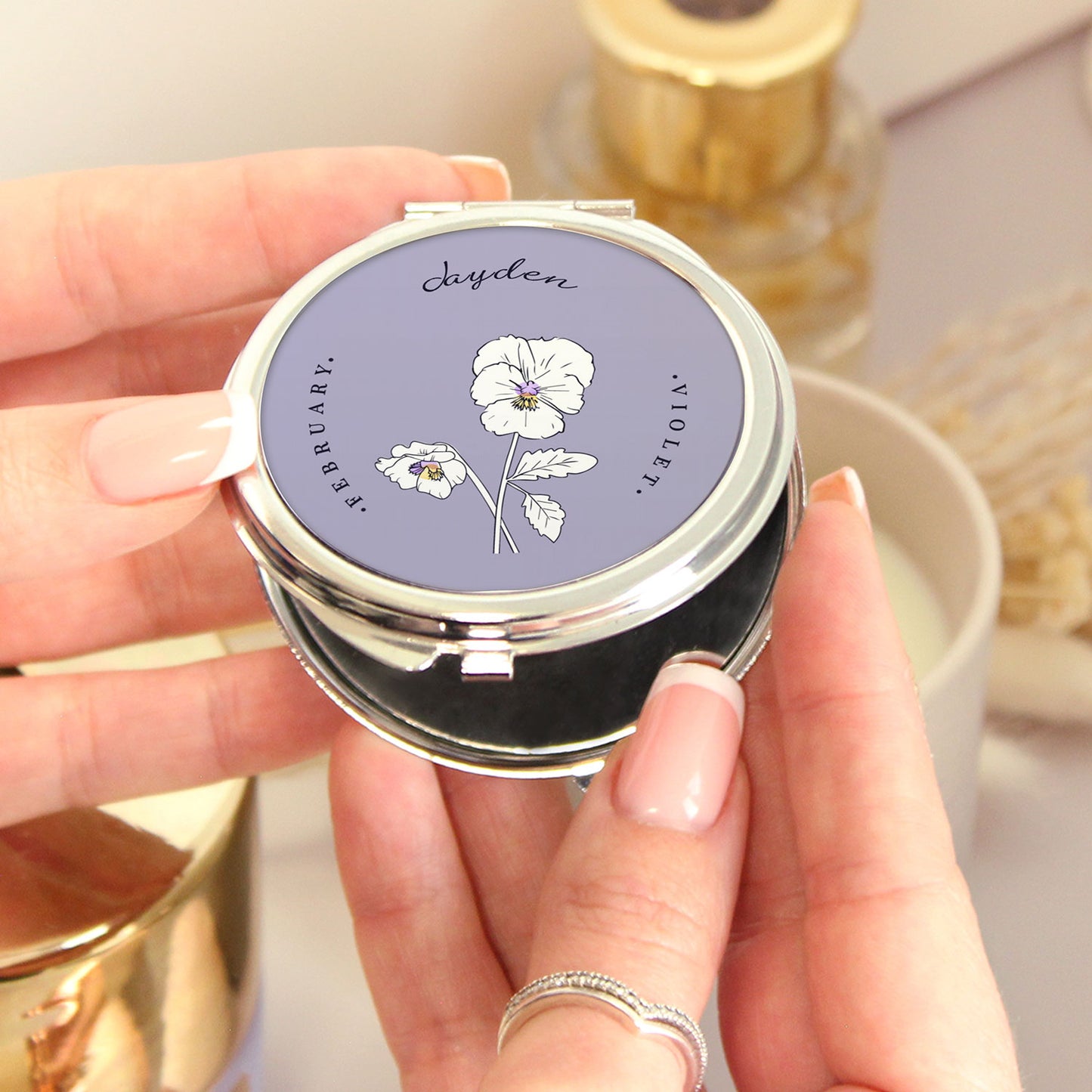 Personalised Birth Flower Handheld Compact Mirror