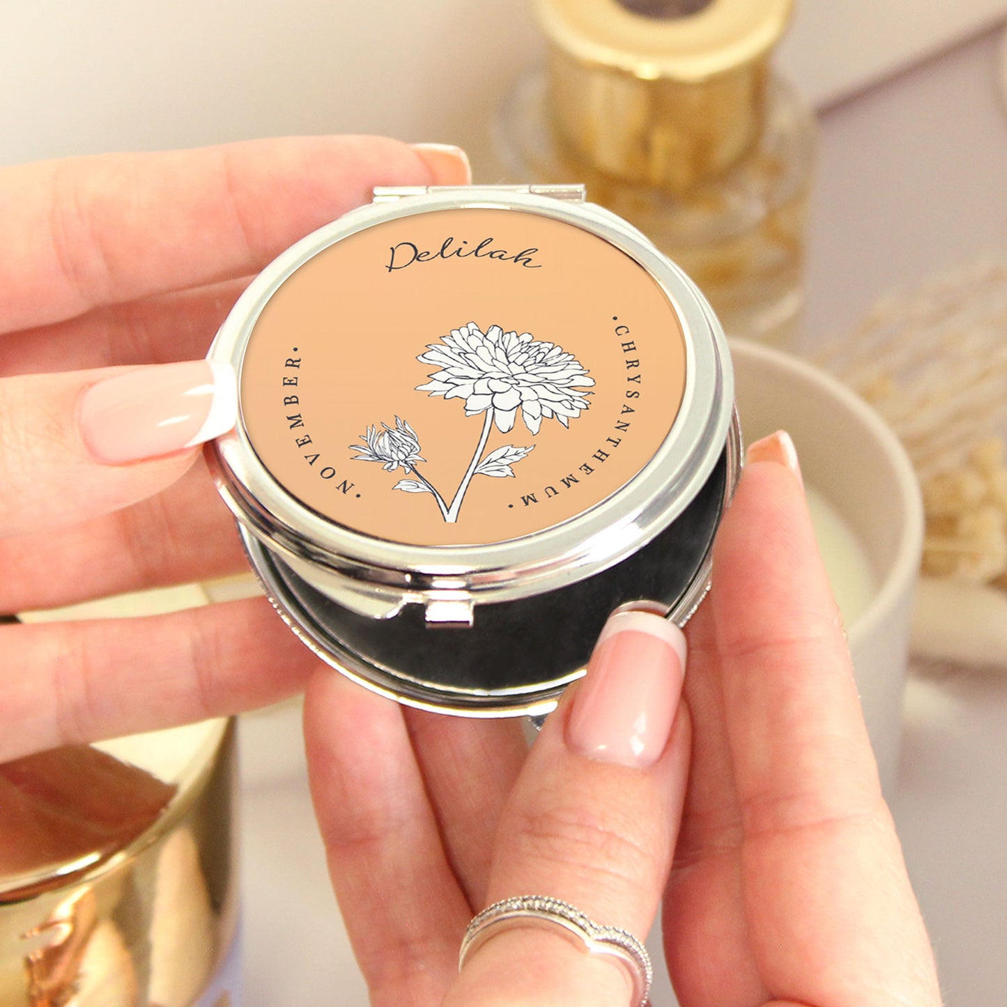 Personalised Birth Flower Handheld Compact Mirror