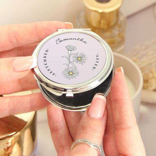 Personalised Birth Flower Handheld Compact Mirror