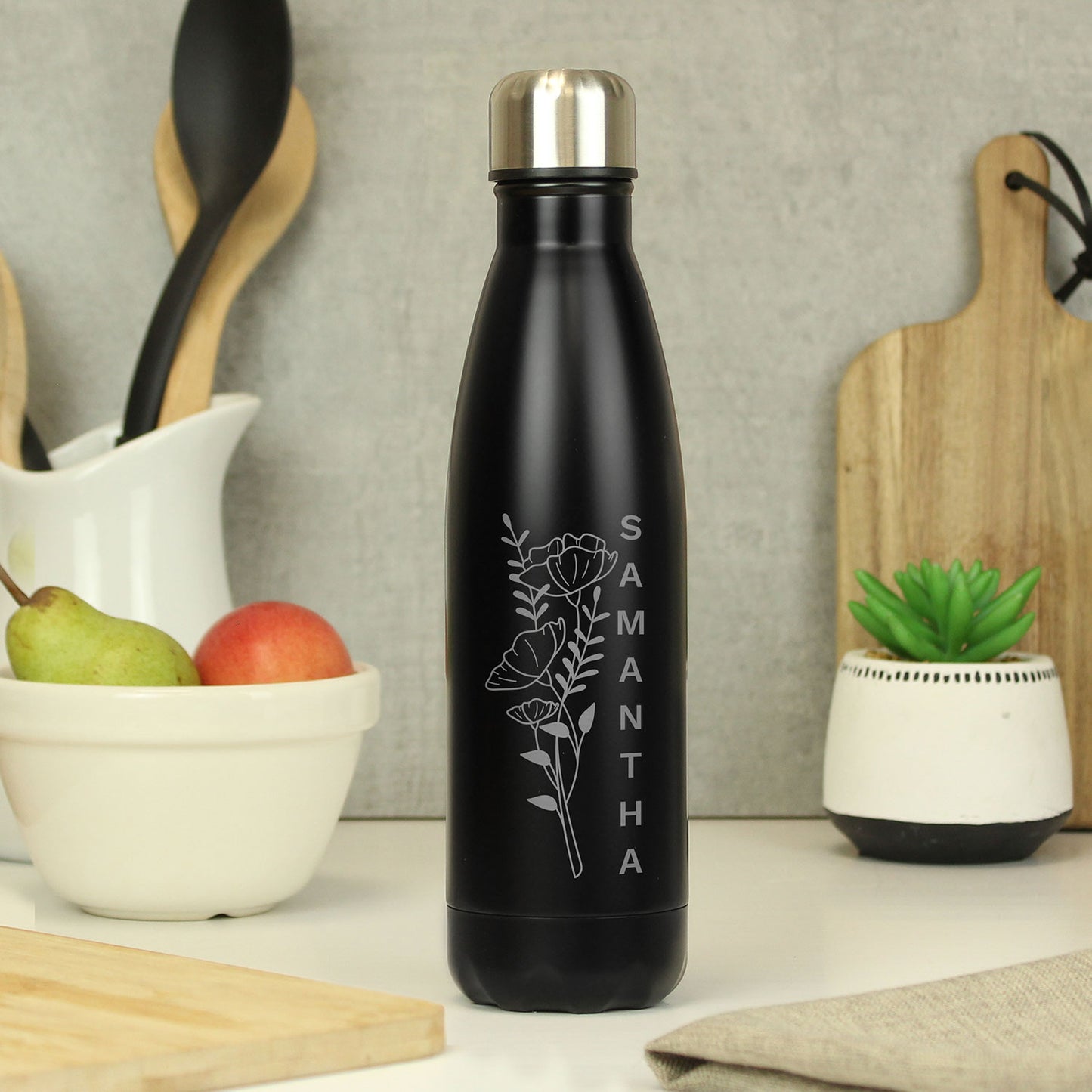 Personalised Black Floral Stainless Steel 500ml Bottle