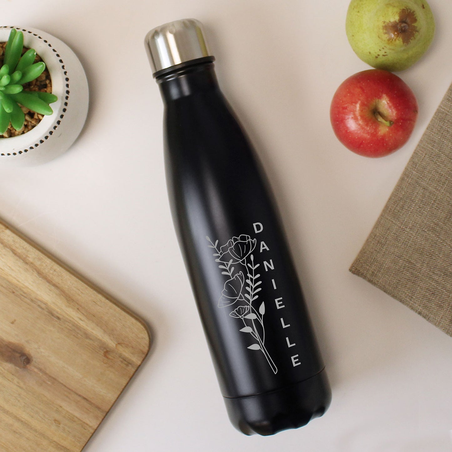 Personalised Black Floral Stainless Steel 500ml Bottle