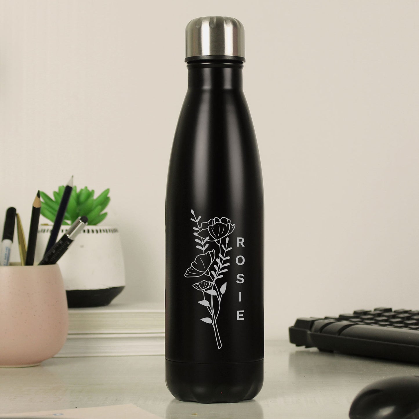 Personalised Black Floral Stainless Steel 500ml Bottle