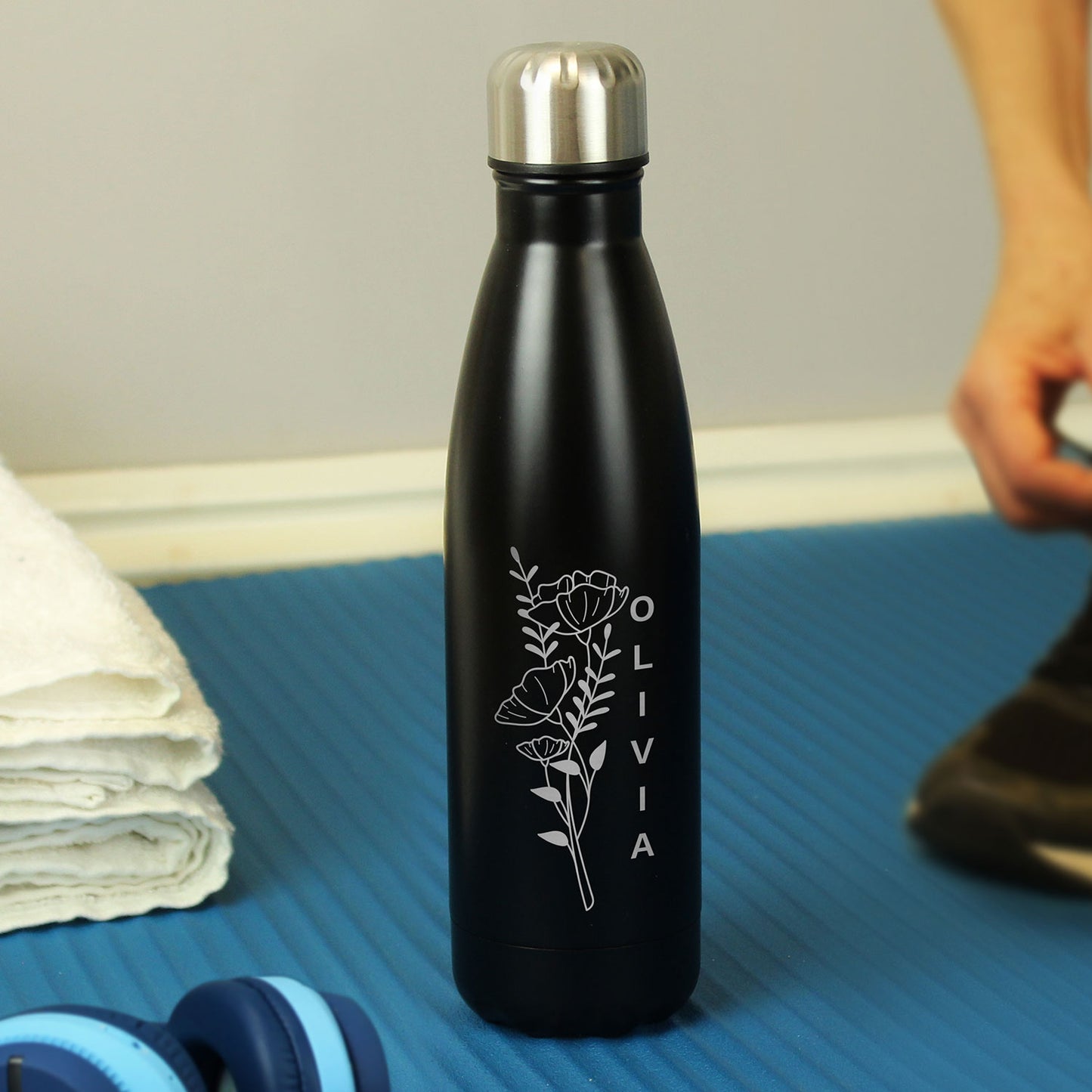 Personalised Black Floral Stainless Steel 500ml Bottle