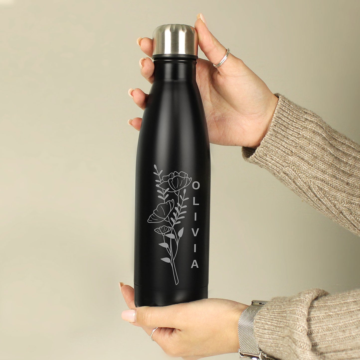 Personalised Black Floral Stainless Steel 500ml Bottle