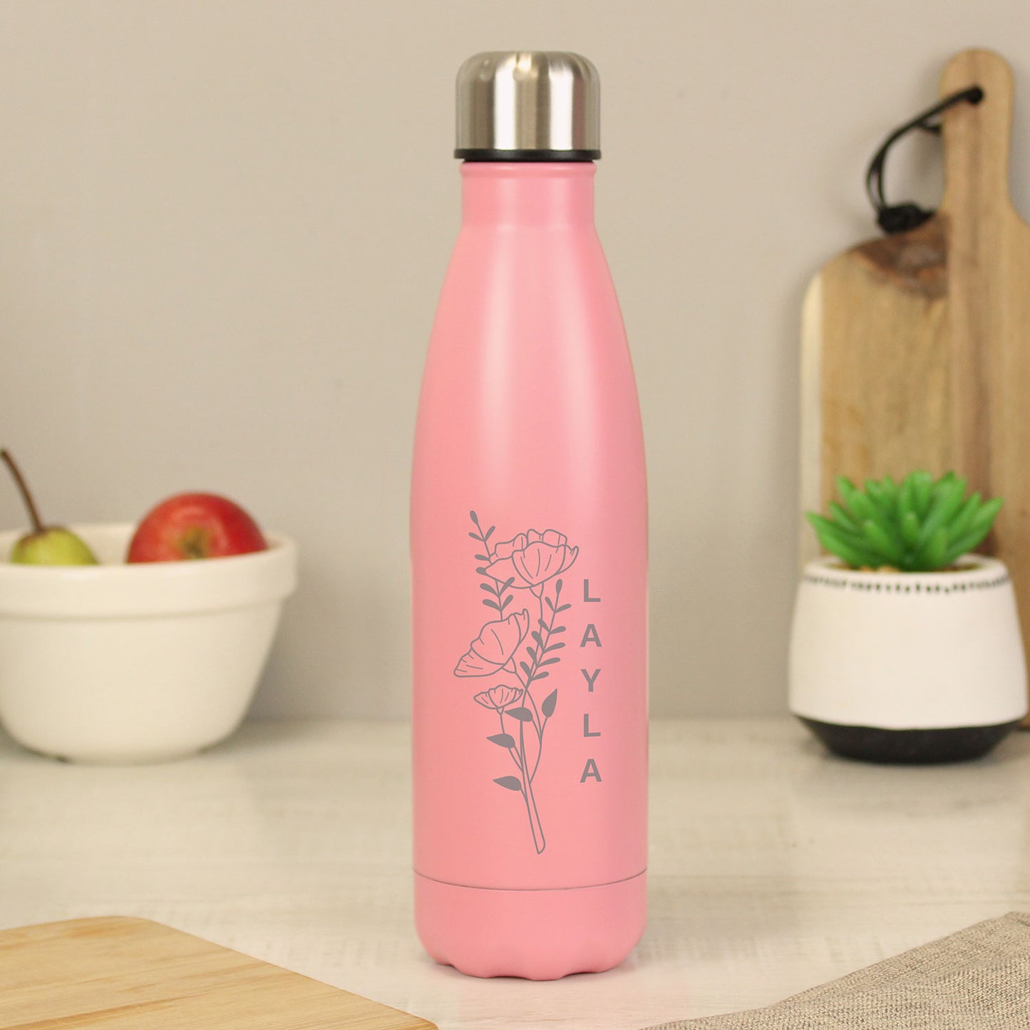 Personalised Pink Floral Stainless Steel 500ml Bottle