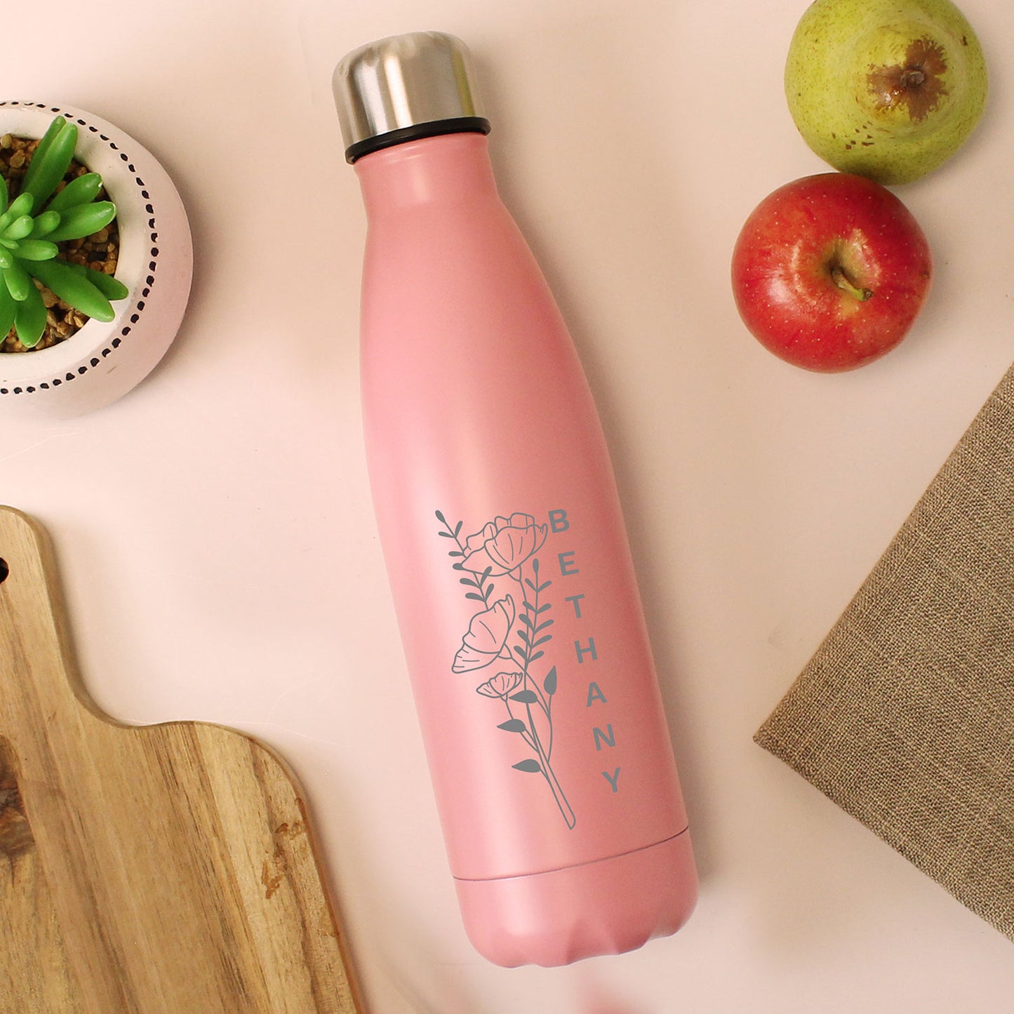 Personalised Pink Floral Stainless Steel 500ml Bottle