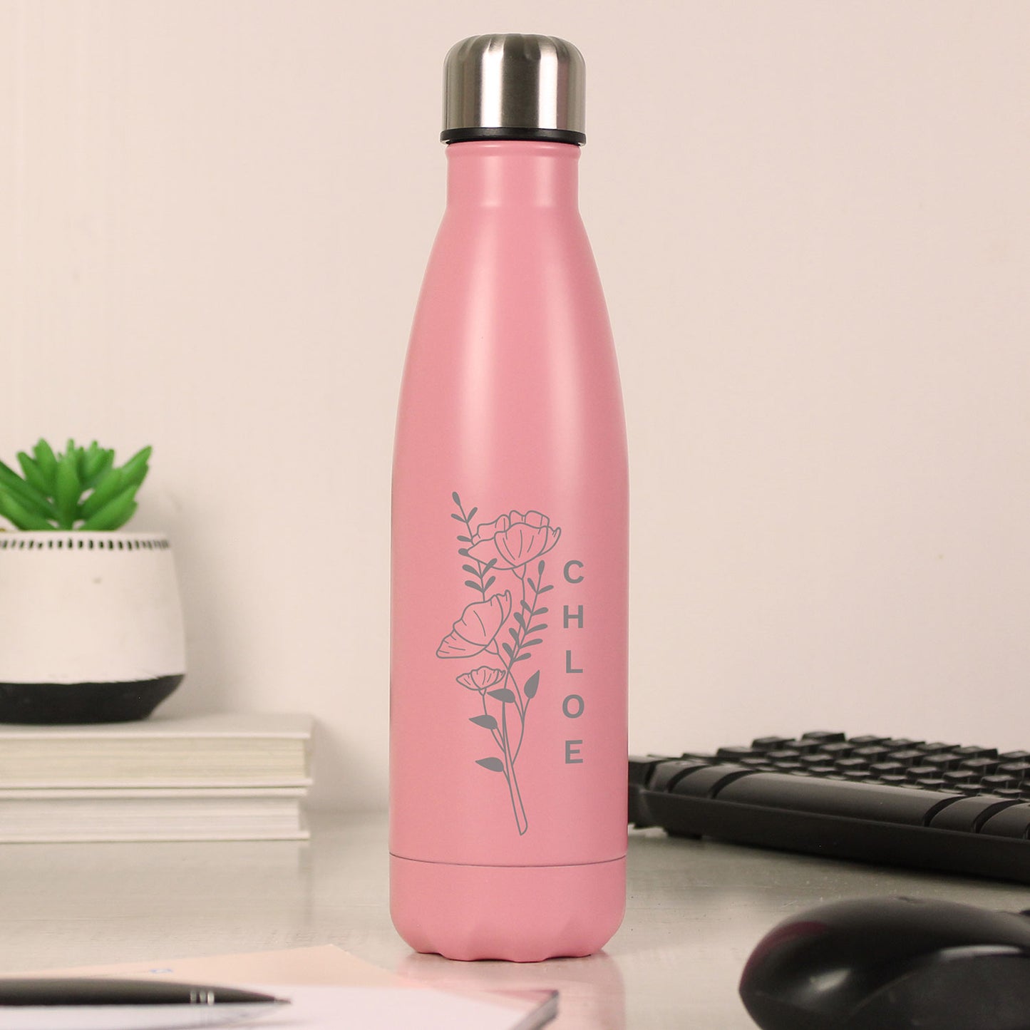 Personalised Pink Floral Stainless Steel 500ml Bottle