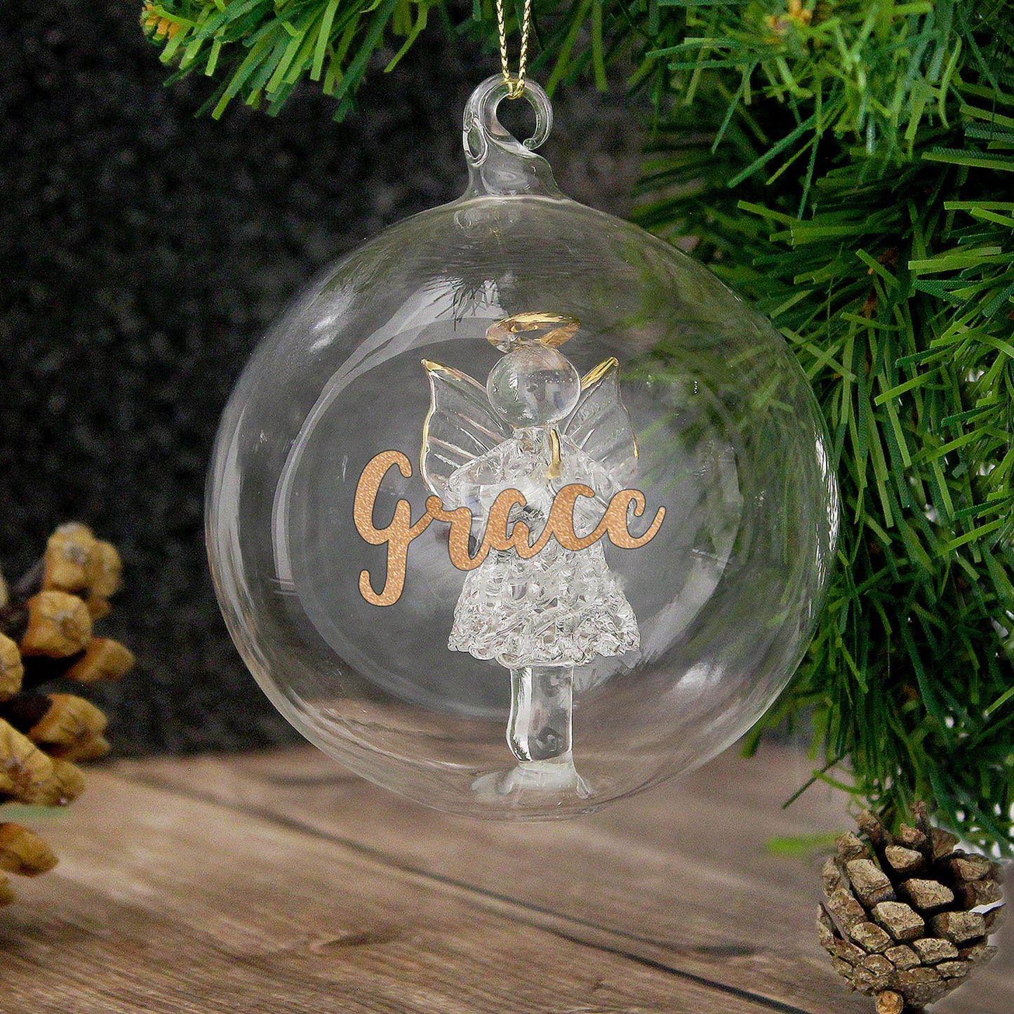 Personalised Gold Glitter Name Angel Glass Bauble