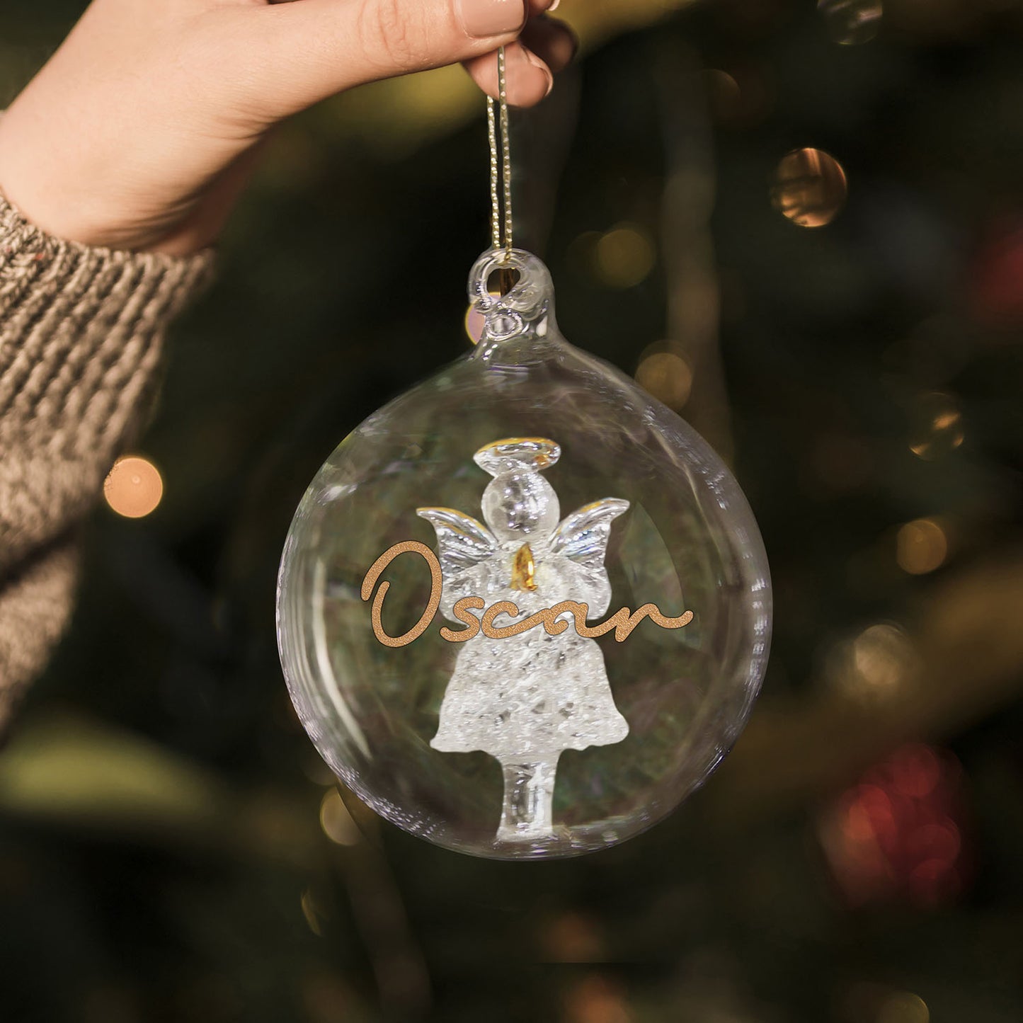 Personalised Gold Glitter Name Angel Glass Bauble