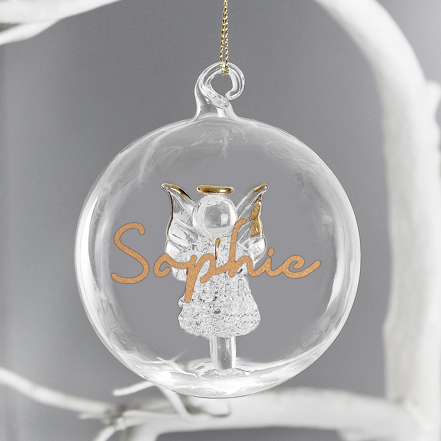 Personalised Gold Glitter Name Angel Glass Bauble