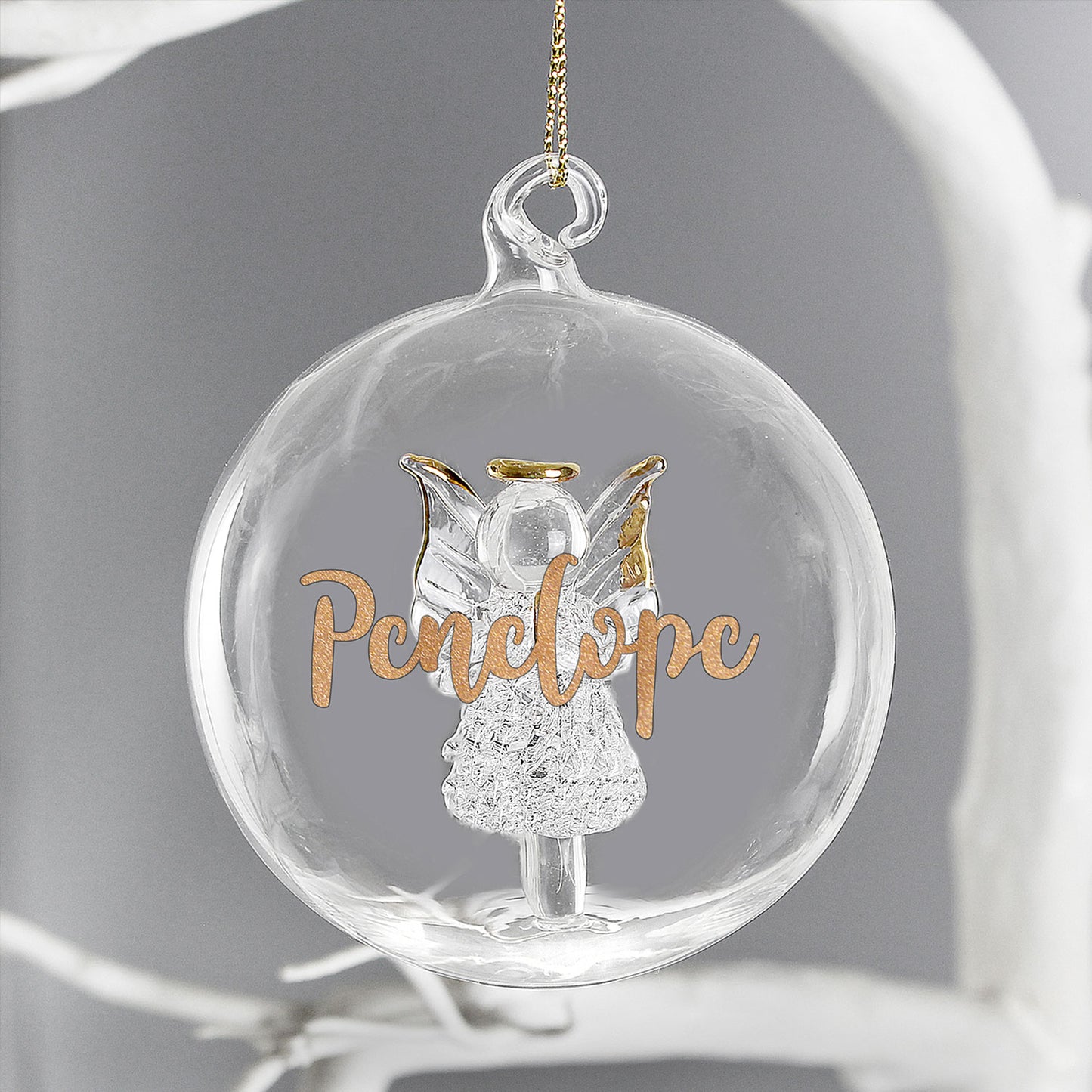 Personalised Gold Glitter Name Angel Glass Bauble