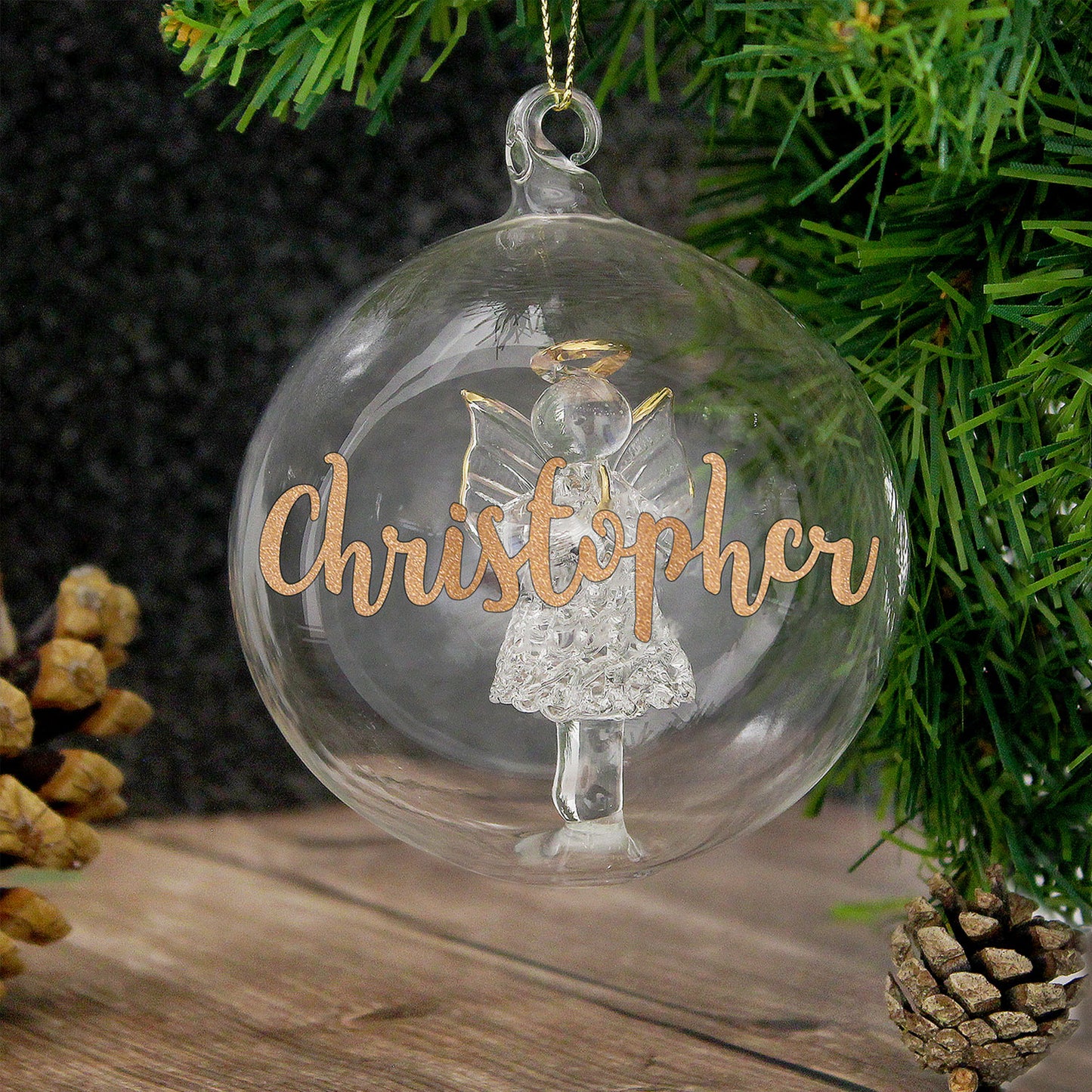 Personalised Gold Glitter Name Angel Glass Bauble