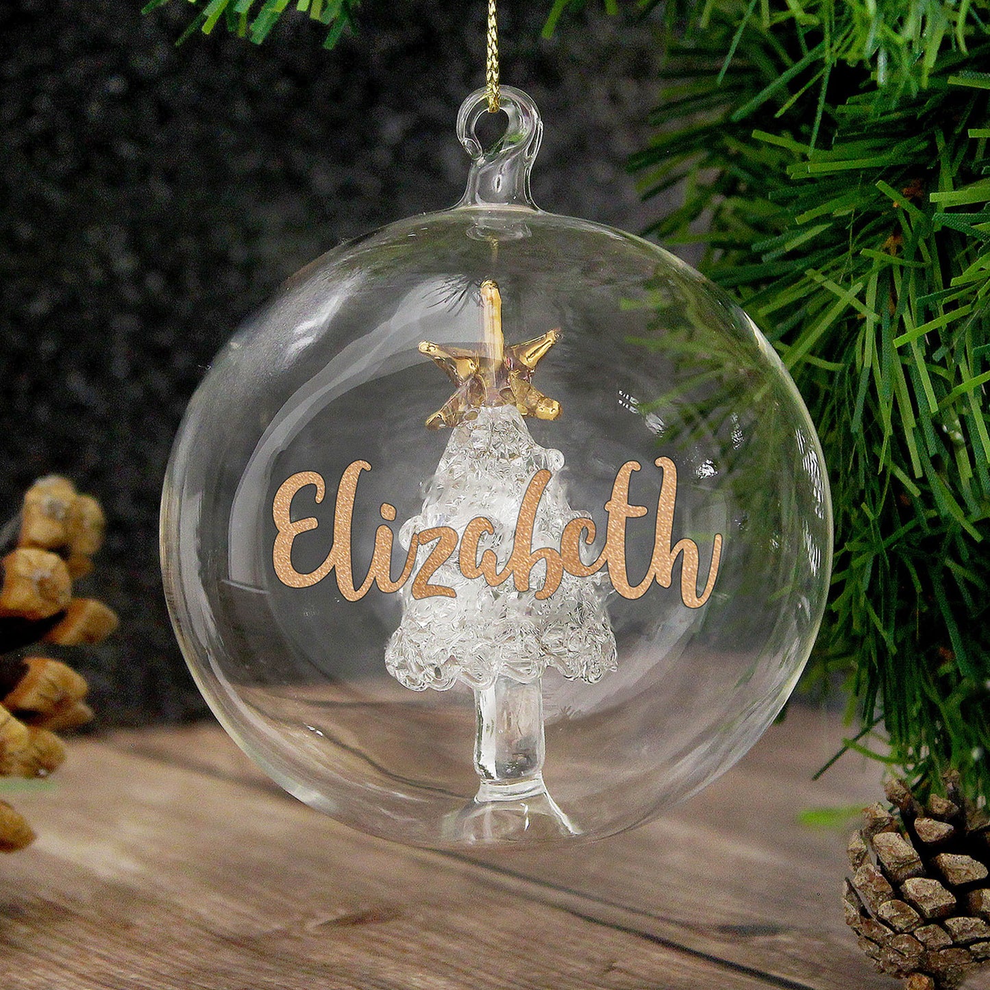 Personalised Gold Glitter Name Tree Glass Bauble