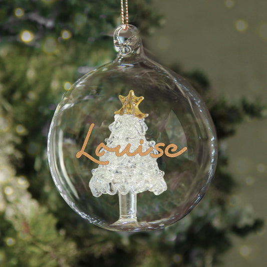 Personalised Gold Glitter Name Tree Glass Bauble
