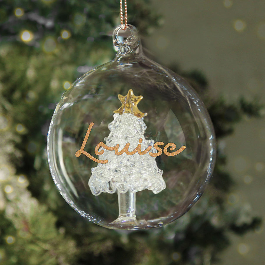 Personalised Gold Glitter Name Tree Glass Bauble
