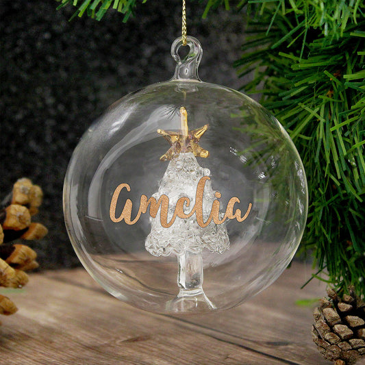 Personalised Gold Glitter Name Tree Glass Bauble