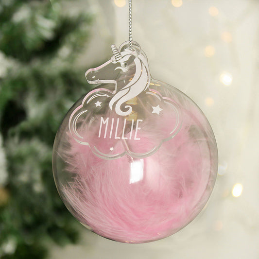 Personalised Unicorn Pink Feather Glass Bauble