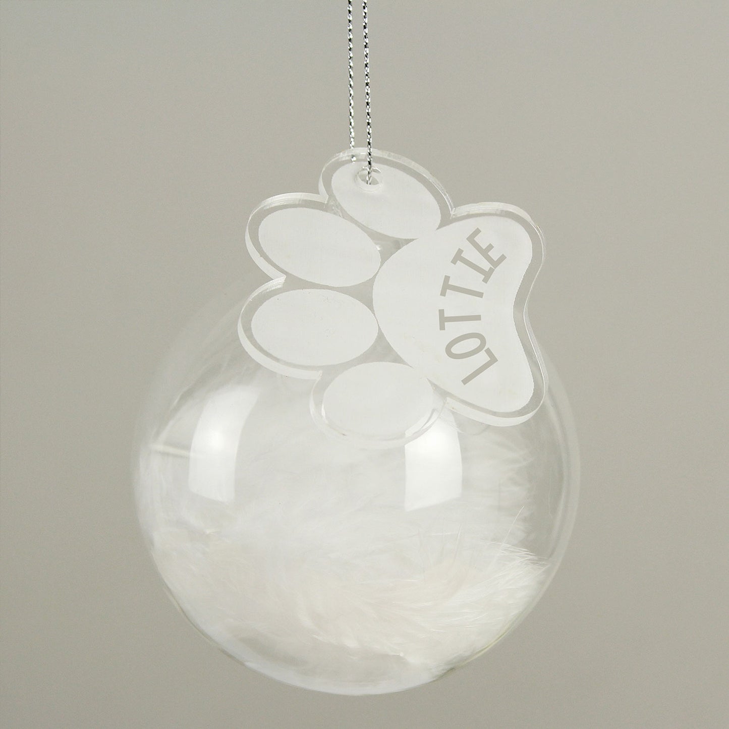 Personalised White Feather Glass Bauble With Paw Print Tag