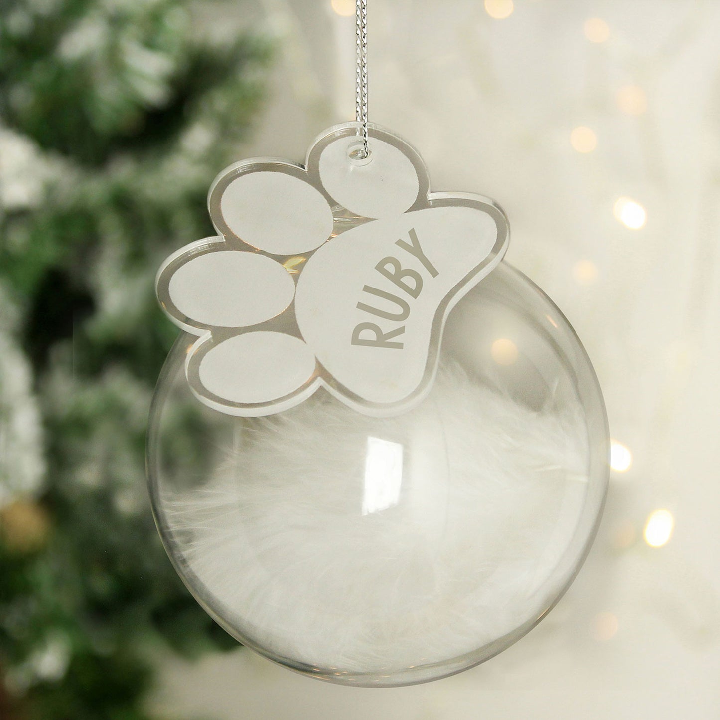 Personalised White Feather Glass Bauble With Paw Print Tag