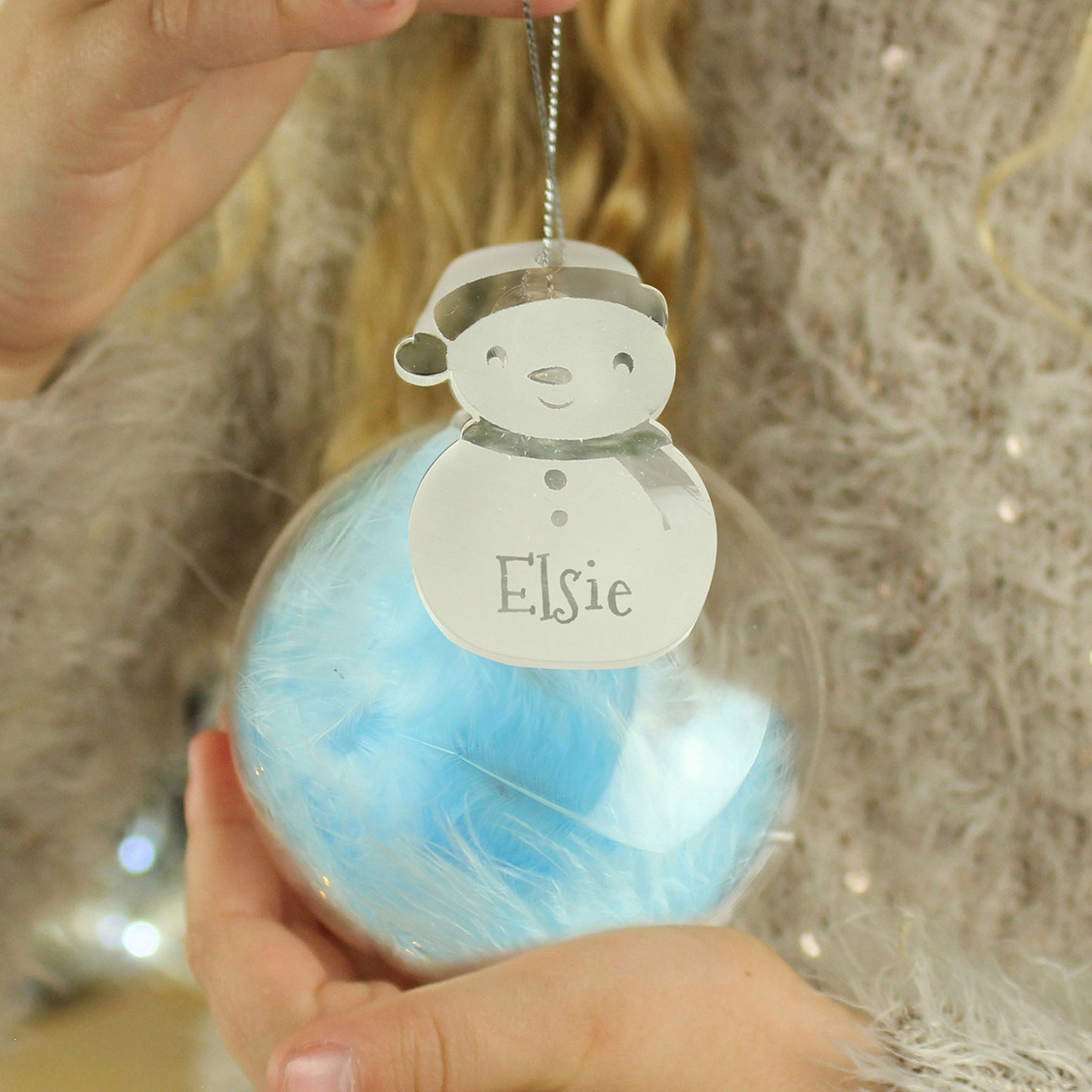 Personalised Snowman Blue Feather Glass Bauble