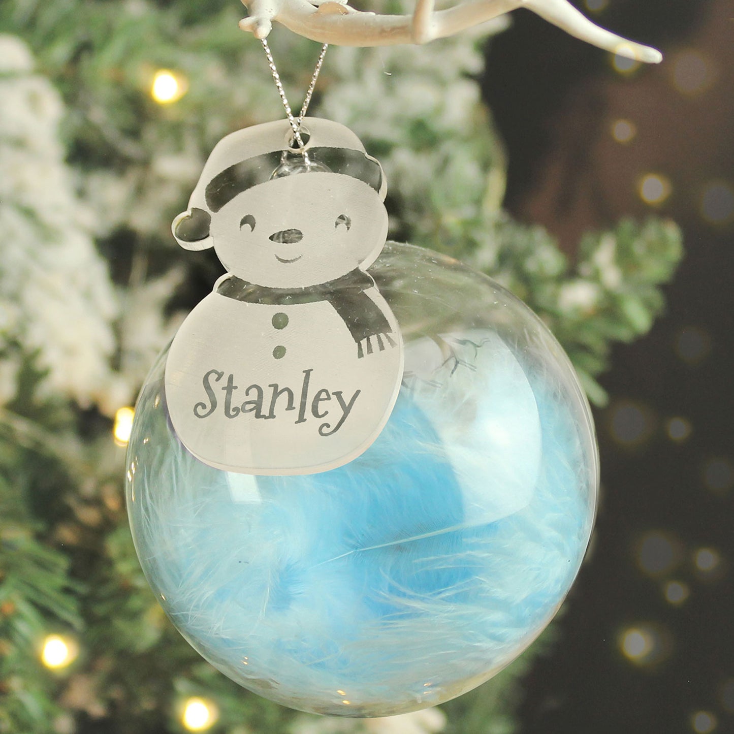 Personalised Snowman Blue Feather Glass Bauble