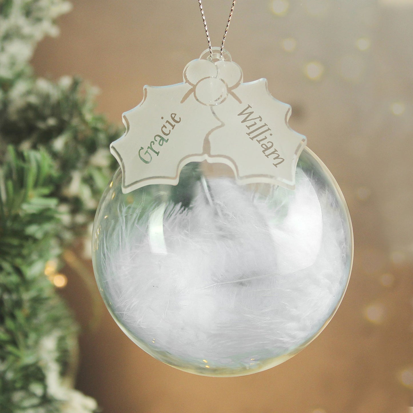 Personalised Holly White Feather Glass Bauble