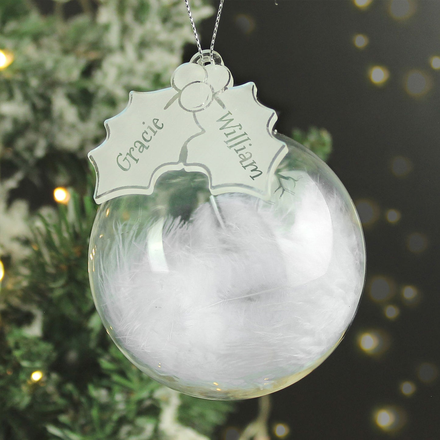 Personalised Holly White Feather Glass Bauble