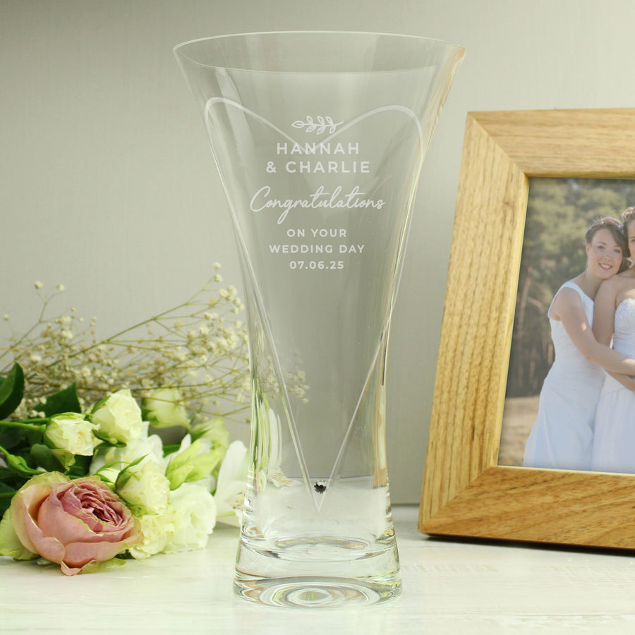 Personalised Leaf Motif Hand Cut Diamond Effect Heart Vase