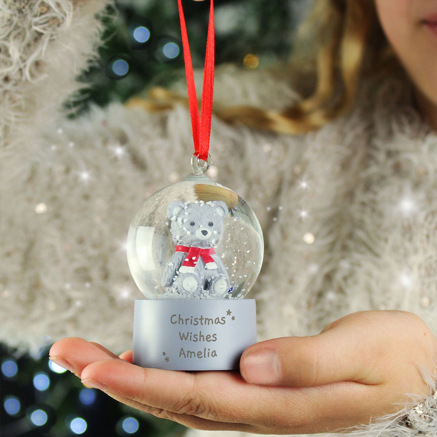 Personalised Glitter Teddy Snow Globe Hanging Decoration