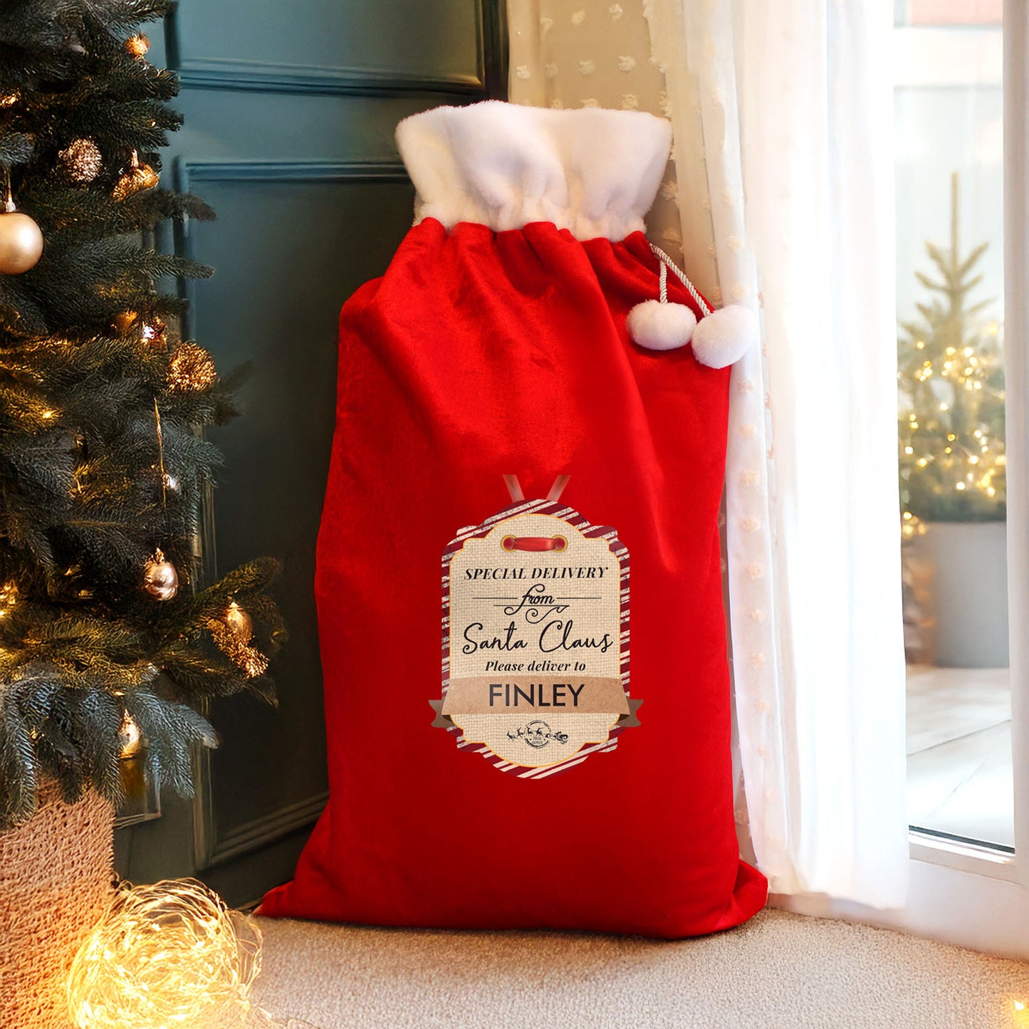 Personalised Special Delivery Pom Pom Red Santa Sack