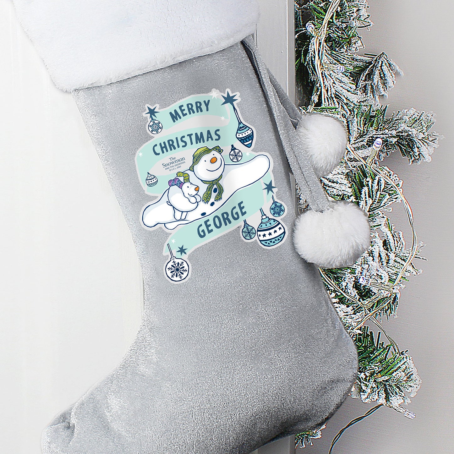 Personalised The Snowman and the Snowdog Silver Grey Stocking