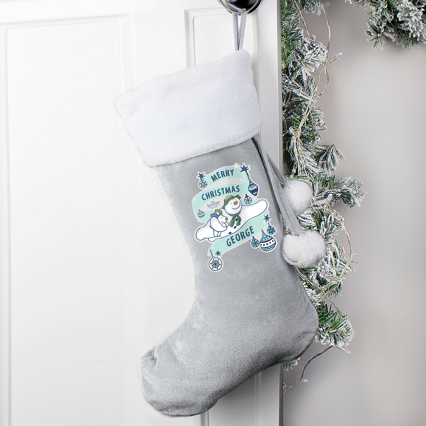 Personalised The Snowman and the Snowdog Silver Grey Stocking