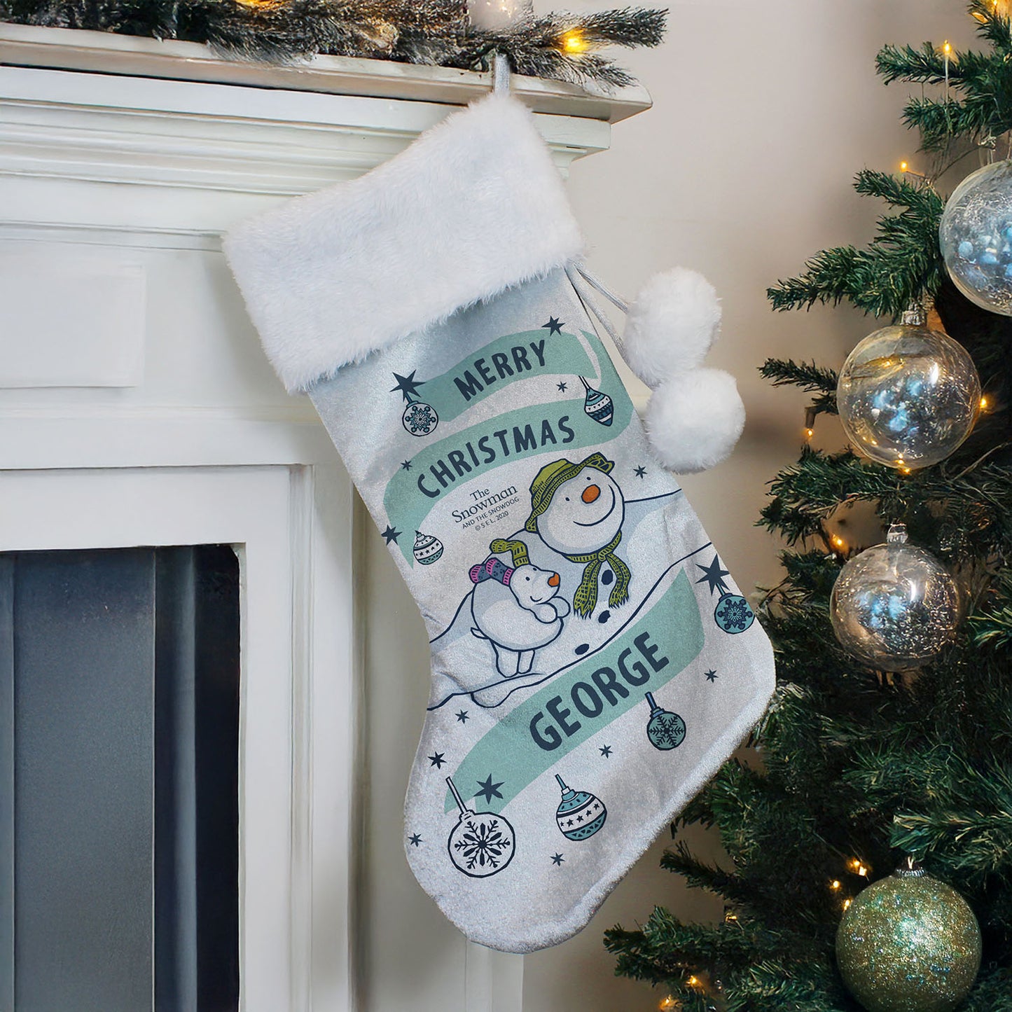 Personalised The Snowman and the Snowdog Silver Grey Stocking