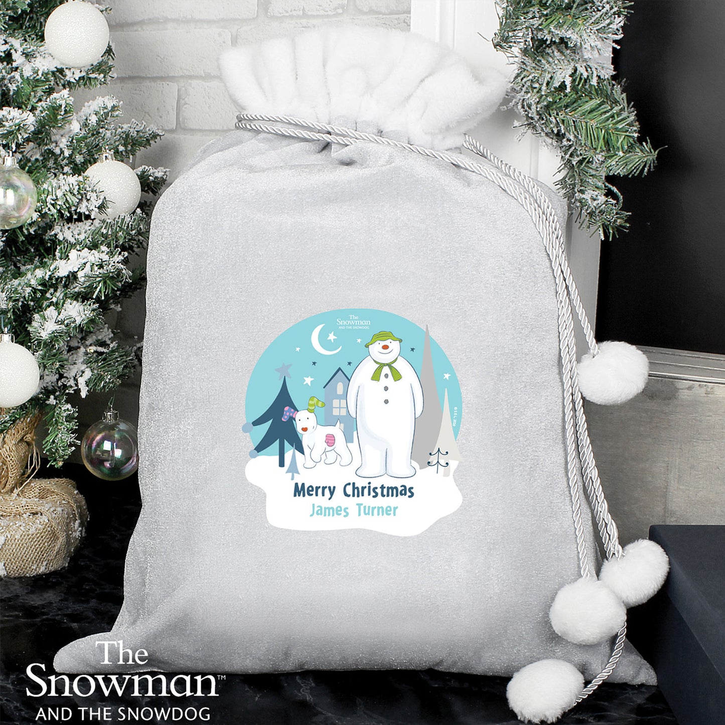 Personalised The Snowman and the Snowdog Silver Grey Pom Pom Santa Sack