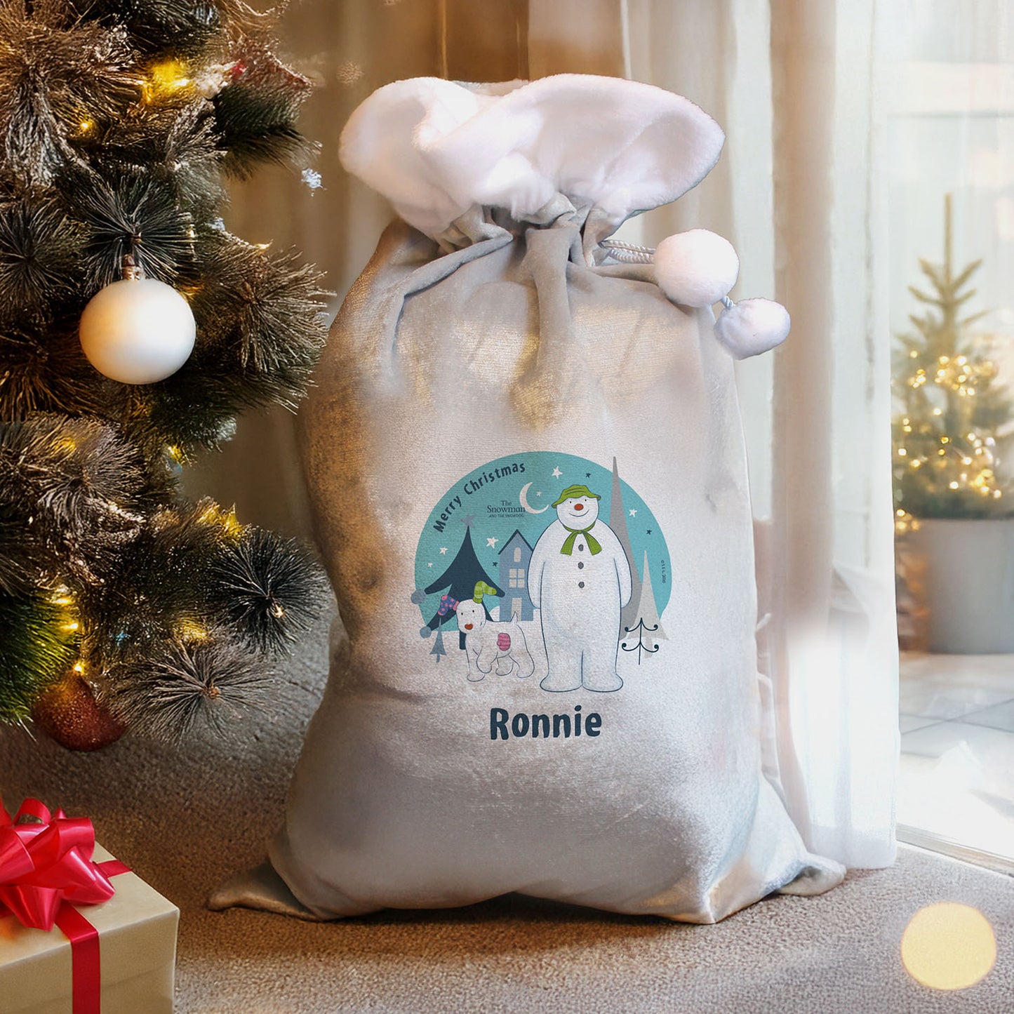 Personalised The Snowman and the Snowdog Silver Grey Pom Pom Santa Sack