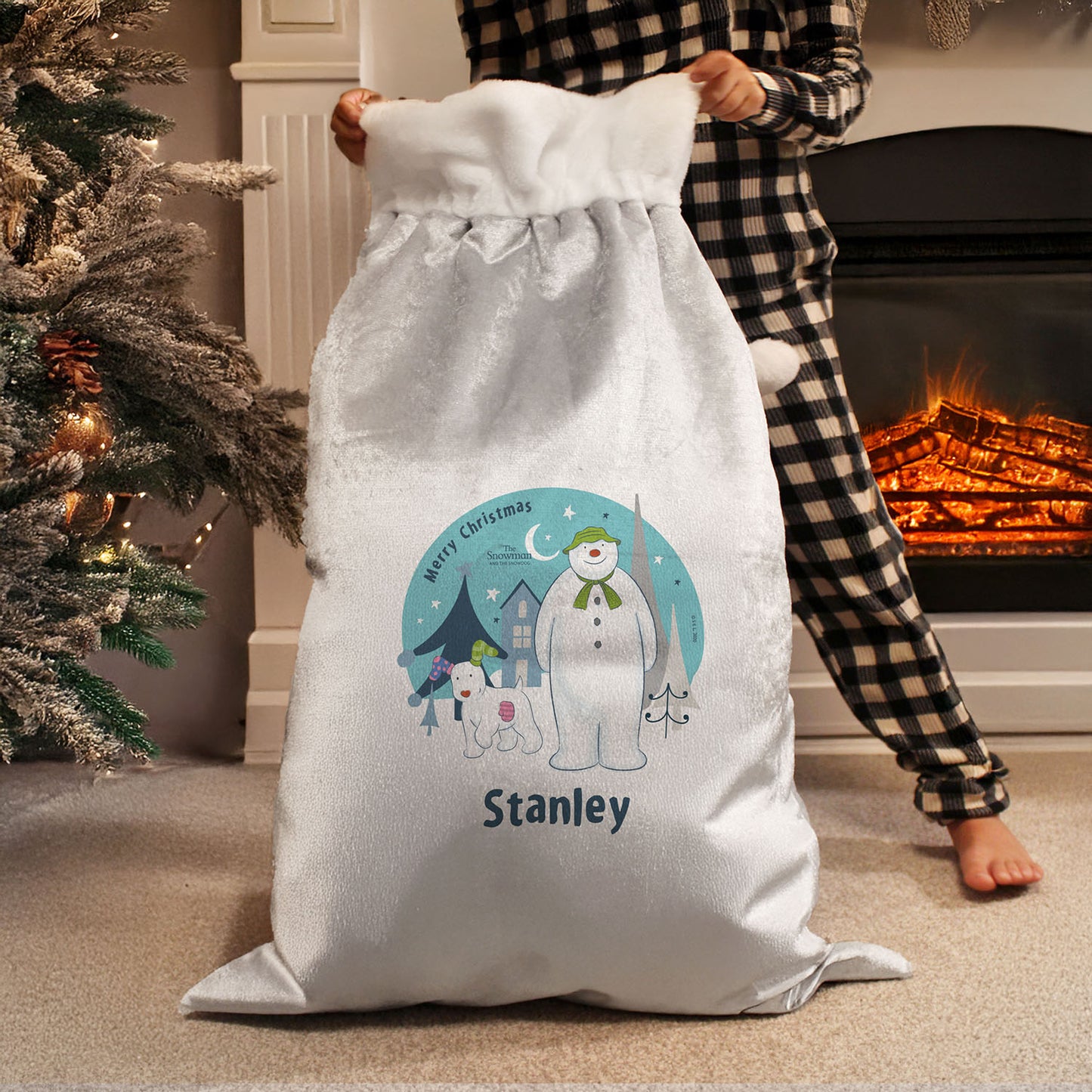 Personalised The Snowman and the Snowdog Silver Grey Pom Pom Santa Sack