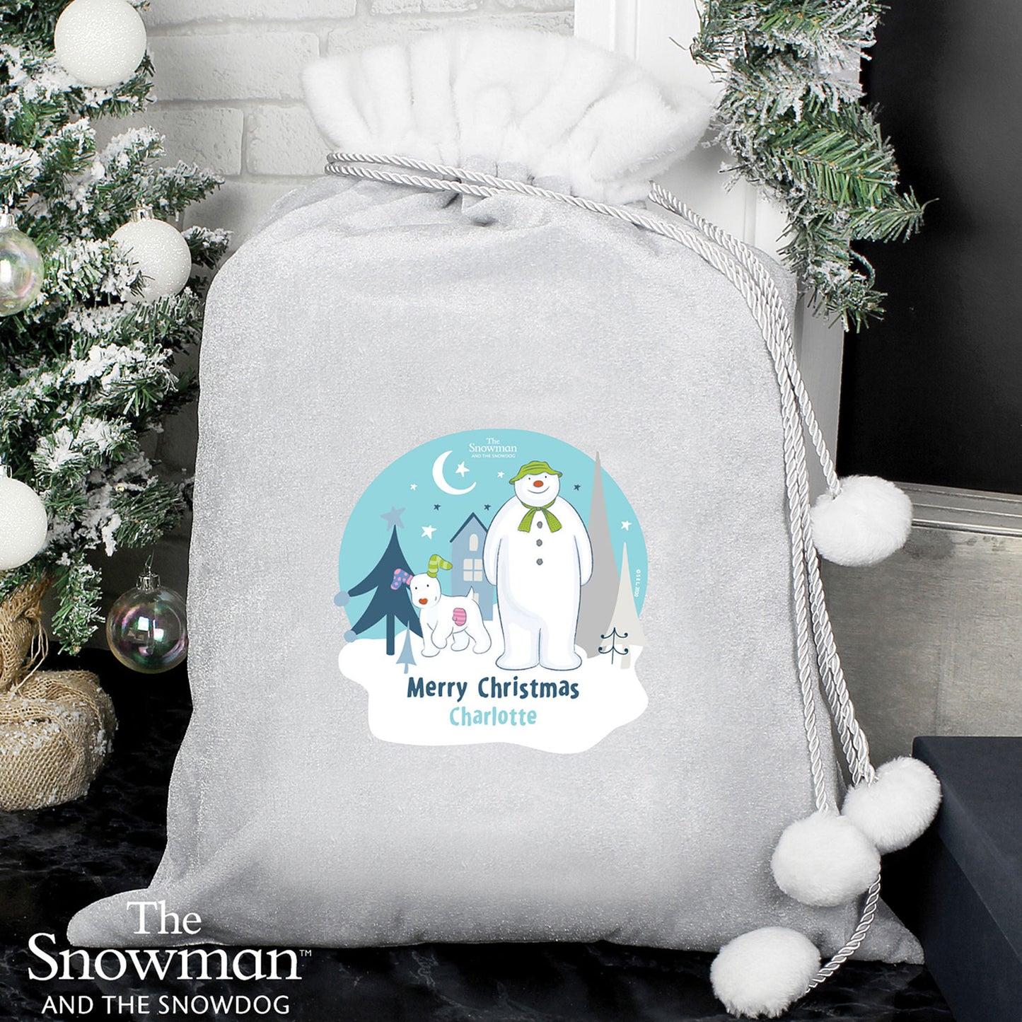 Personalised The Snowman and the Snowdog Silver Grey Pom Pom Santa Sack