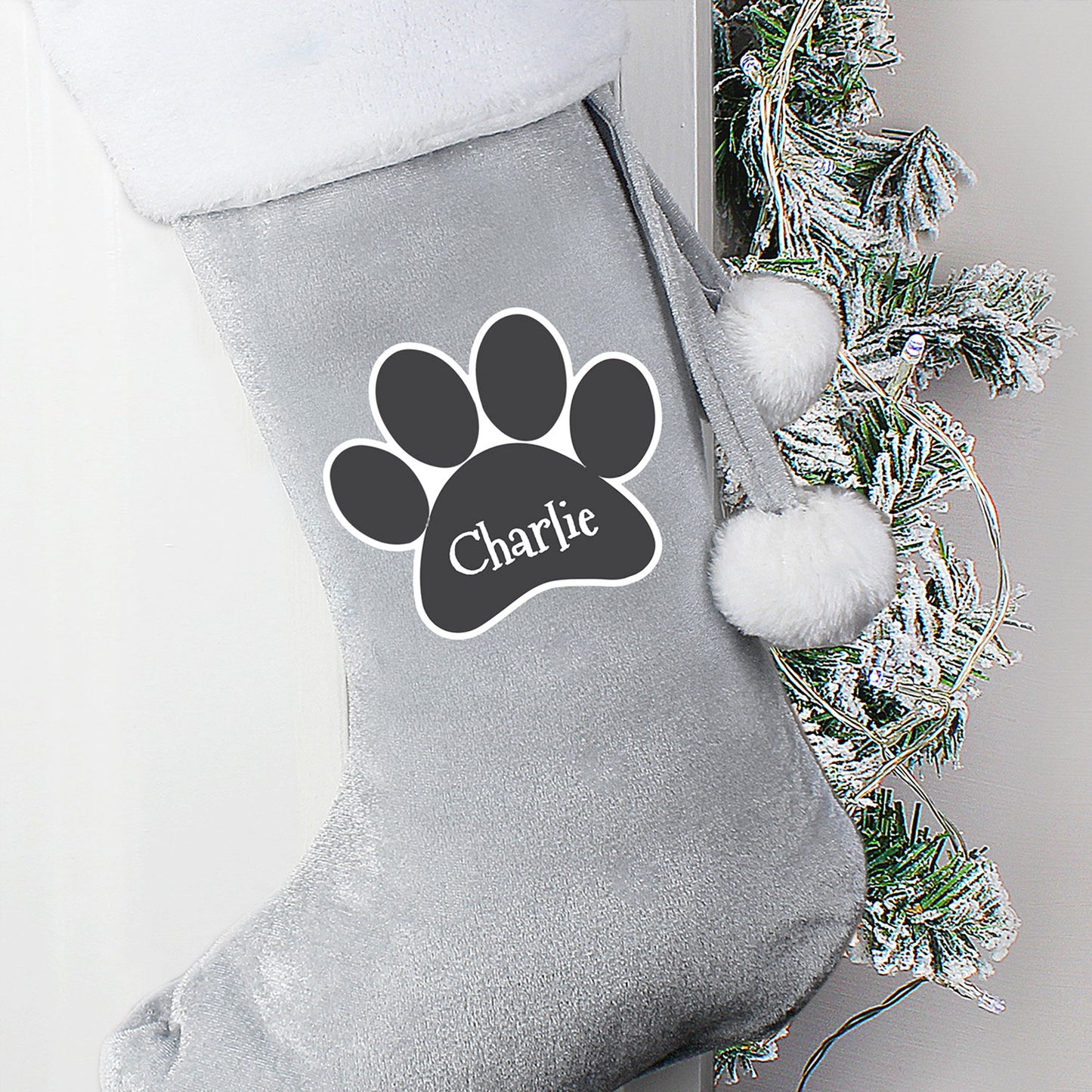 Personalised Paw Print Silver Grey Pom Pom Stocking