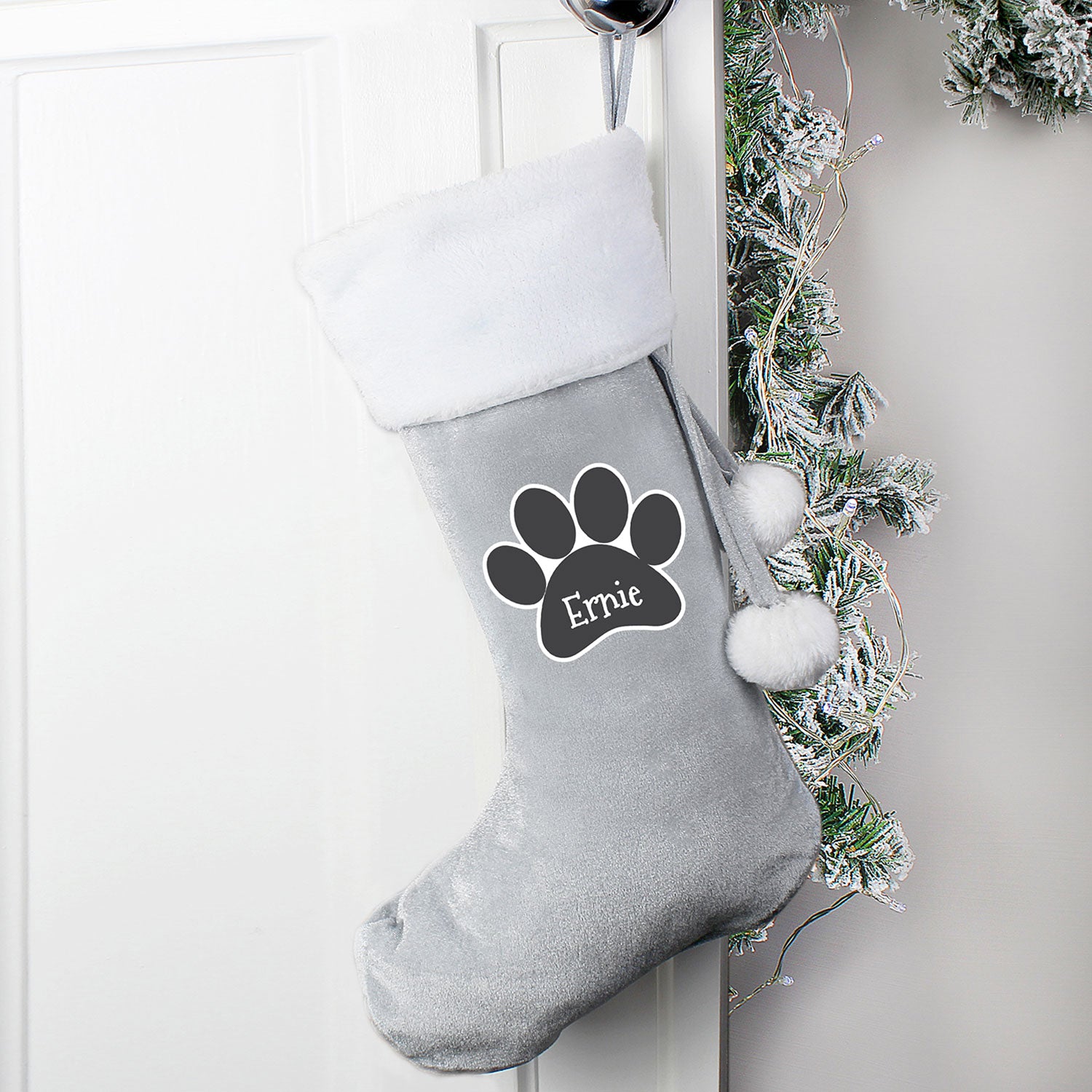 Personalised Paw Print Silver Grey Pom Pom Stocking Julian Charles Home
