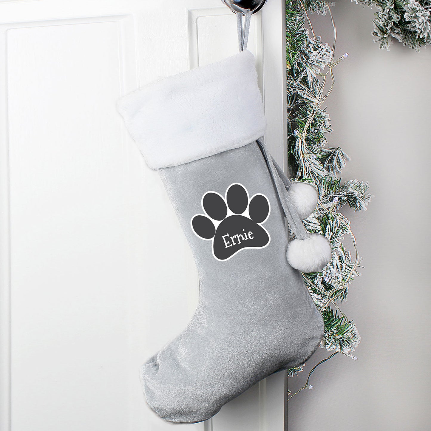 Personalised Paw Print Silver Grey Pom Pom Stocking