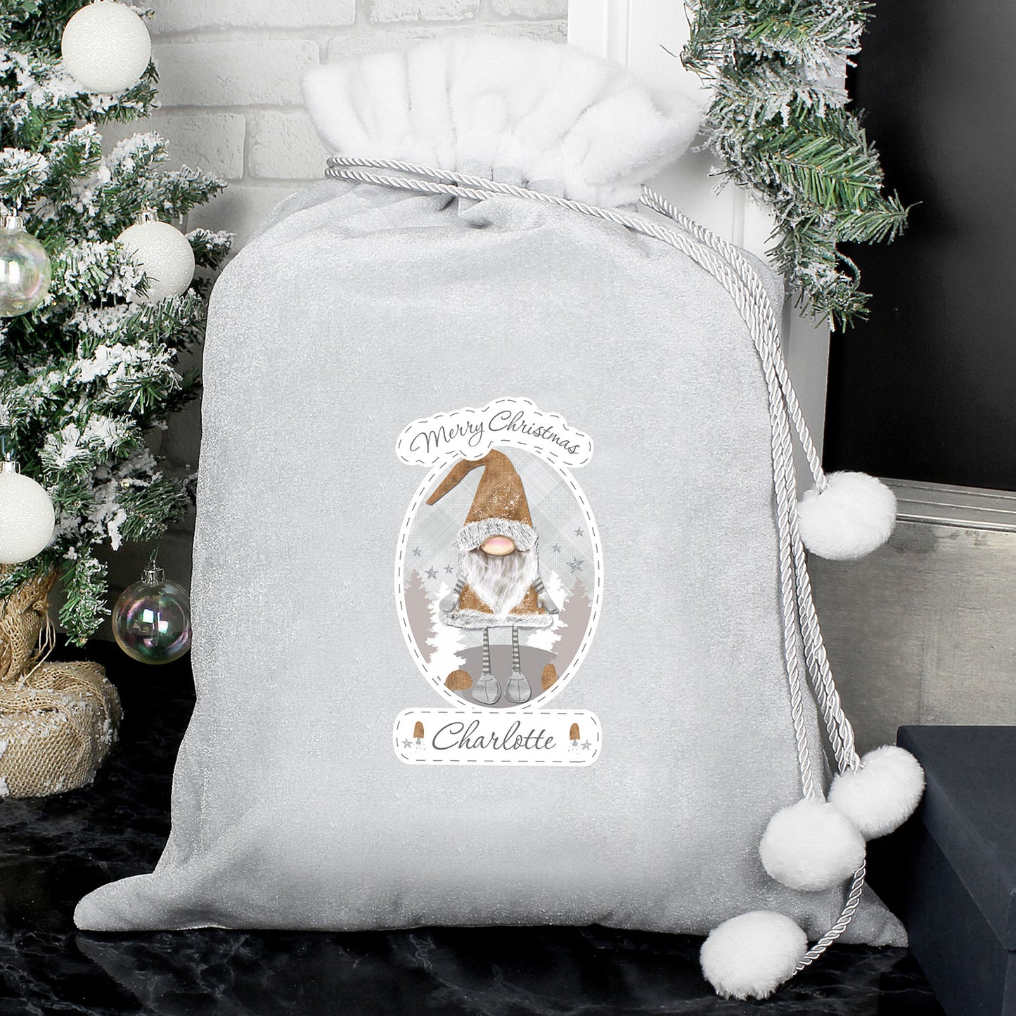 Personalised Christmas Gonk Silver Grey Pom Pom Santa Sack